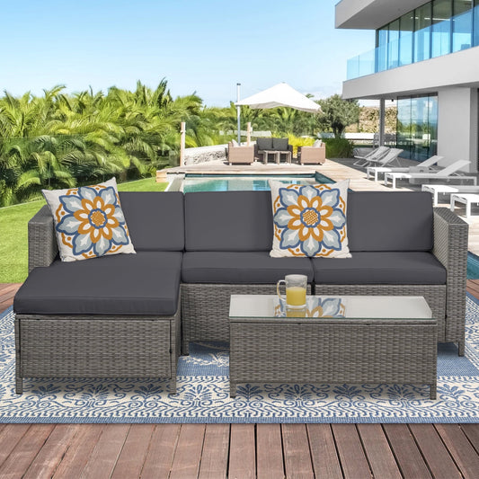 Royalcraft Outdoor Patio Set,5 Pcs PE Wicker Rattan Outdoor Furniture Set, Tempered Glass Coffee Table, Grey