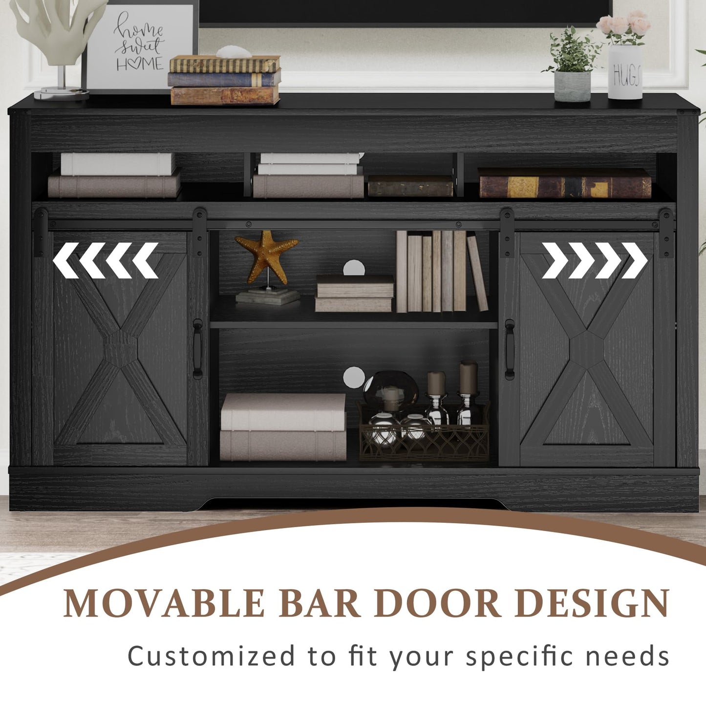 Heynemo Farmhouse TV Stand with Sliding Barn Door for TVs up to 65+ Inch, 34" Tall Entertainment Center, Wood Media Console Storage Cabinet for Bedroom, Living Room, Black