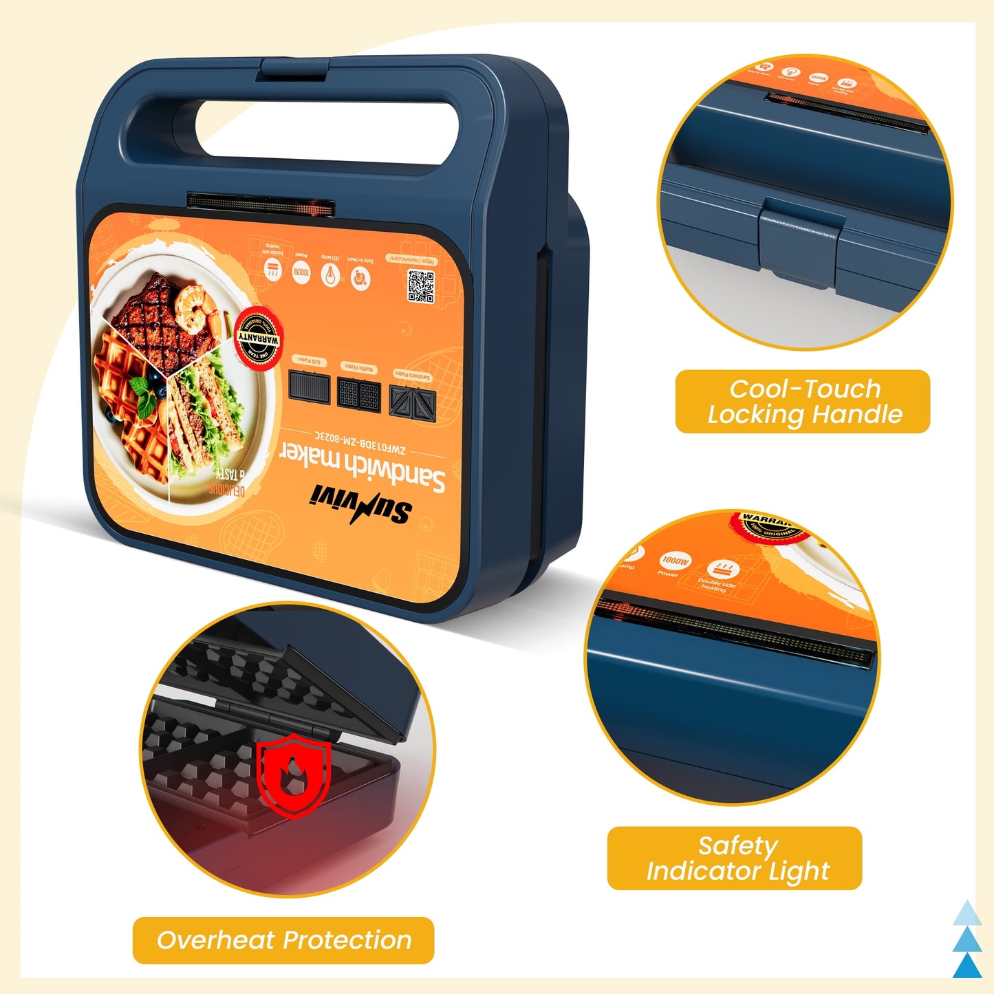 Royalcraft 3-in-1 Electric Sandwich Maker Waffle Grill Panini Press 1000W Non-Stick Removable Plates Blue