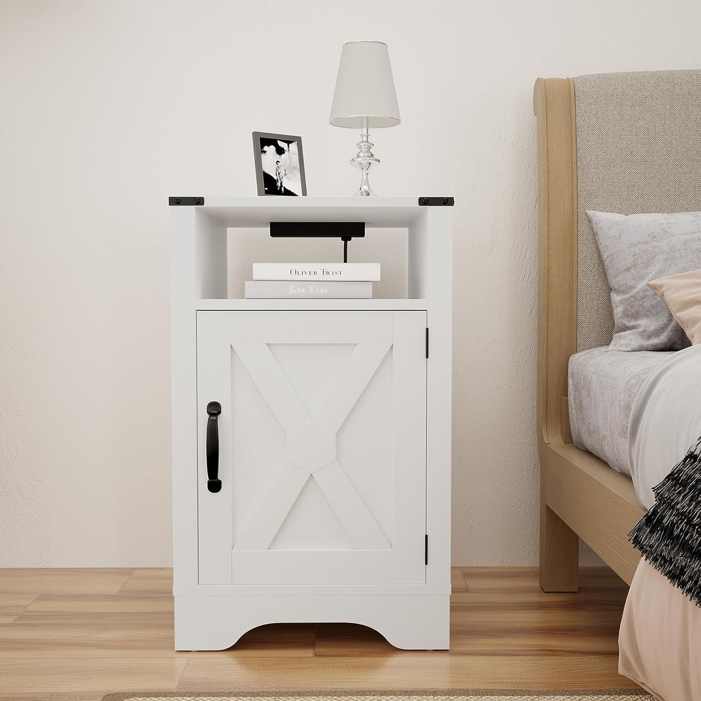 Mayincolor White Nightstand with Charging Station, Farmhouse Bedside Table with X-Shaped Design,Wooden Rustic End Table with Large Storage Cabinet Room and Shelf for Bedroom, Living Room, Solid White