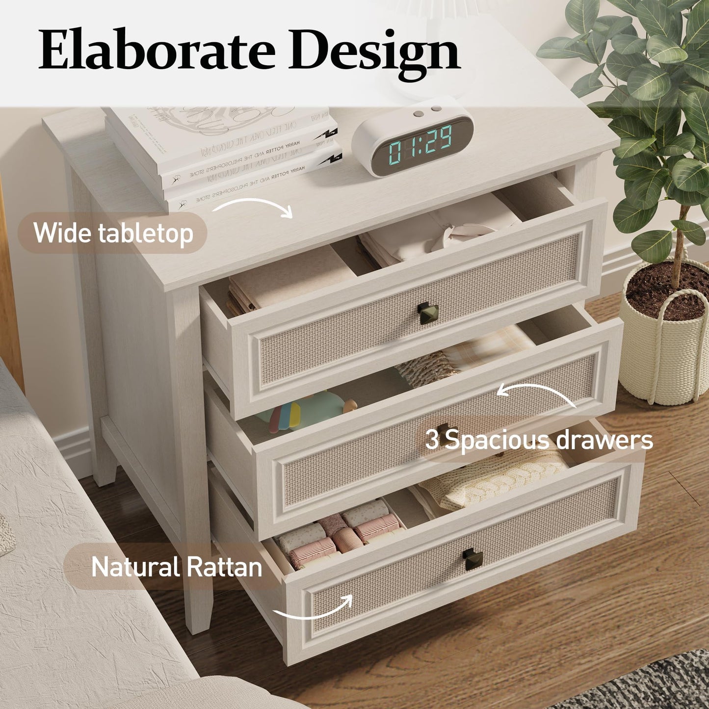 Superjoe 3 Drawer Nightstand, Rattan Dresser Table with Cane Drawers, Tall Boho Bedside Table Cabinet for Bedroom, Living Room, Entryway, Hallway, White