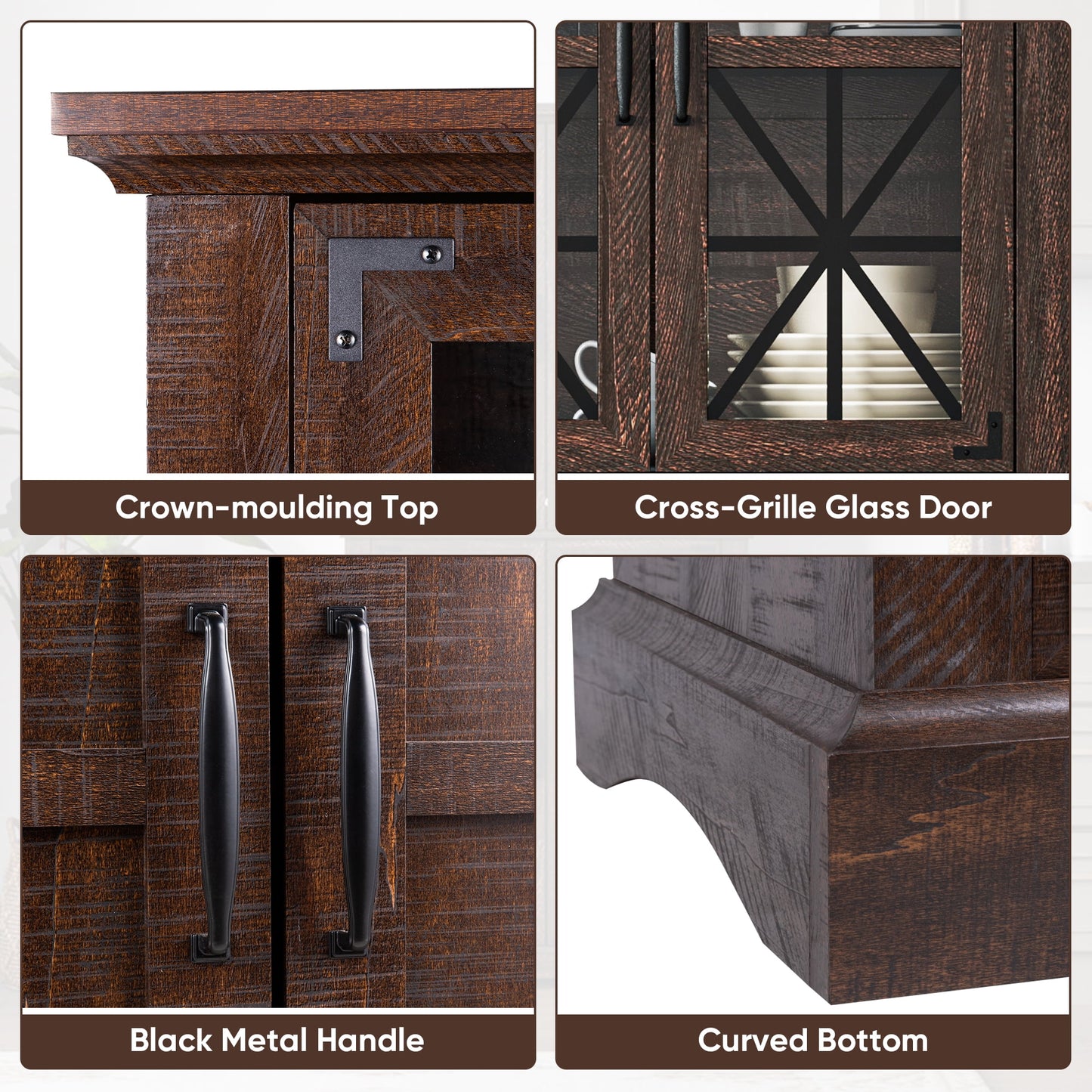 Royalcraft 69'' Tall Farmhouse Storage Cabinet, Retro Display Cabinet with RGB Lights, Freestanding Kitchen Pantry Cabinet with 2 Glass Door Cabinets for Kitchen, Living Room, Home Office, Brown