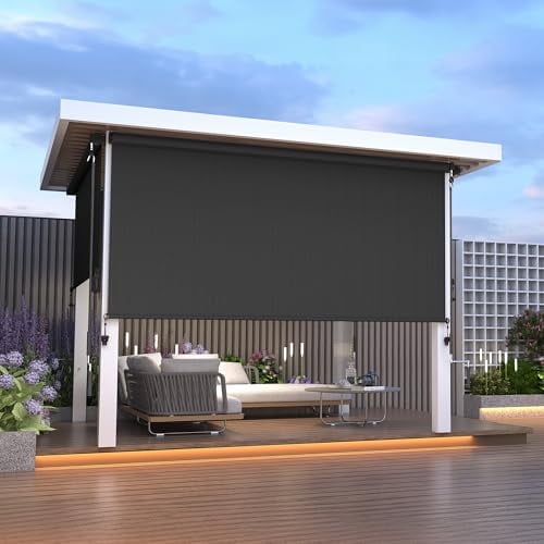 Outdoor Roller Shades for Patio 420GSM New Material with 95% UV Protection, Cordless Patio Shades Roll Up Outdoor Blinds with Crank Handle for Shading, Protect Privacy, No Valance, Black