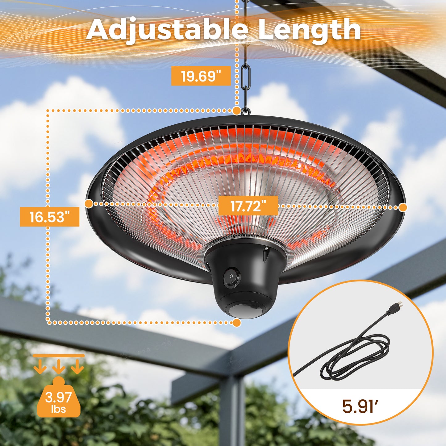 Outdoor Patio Heater, 1500W Outdoor Hanging Heater, Electric Infrared Hanging Heater with 3 Adjustable Modes, Waterproof Ceiling Heater for Porch, Garage, Balcony, Black