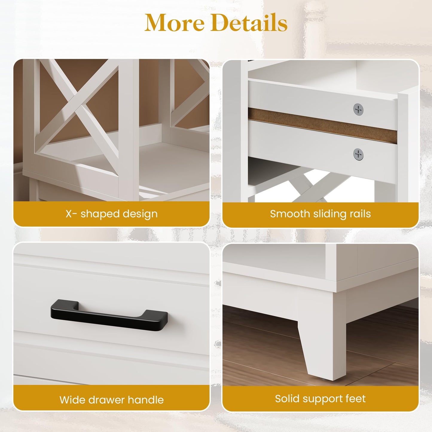 RoyalCraft Tall Nightstand Set of 2, Side Table with 2 Drawers and Open Shelf Below, Bedside Table with Solid Feet, Modern Night Stand End Table for Bedroom, Living Room, Home Office, White