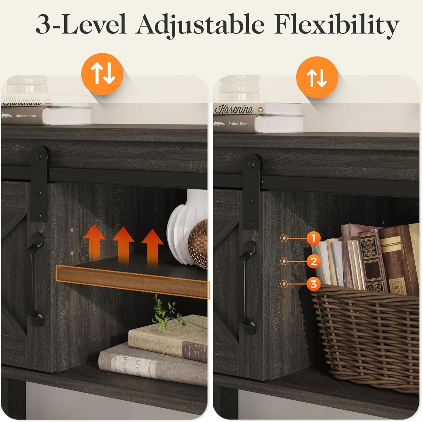 Royalcraft Entryway Table with Storage Cabinets, 46" Modern Farmhouse Console Table with Sliding Barn Door, Wood Rustic Sofa Table with Adjustable Shelf for Hallway, Living Room, Foyer,Dark Grey