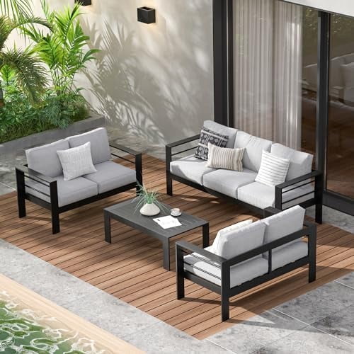 Mayincolor Aluminum Outdoor Patio Furniture Set, Modern Patio Conversation Sets, Outdoor Sectional Metal Sofa with 5 Inch Cushion and Coffee Table for Balcony, Garden, Black Frame & Gray Cushion