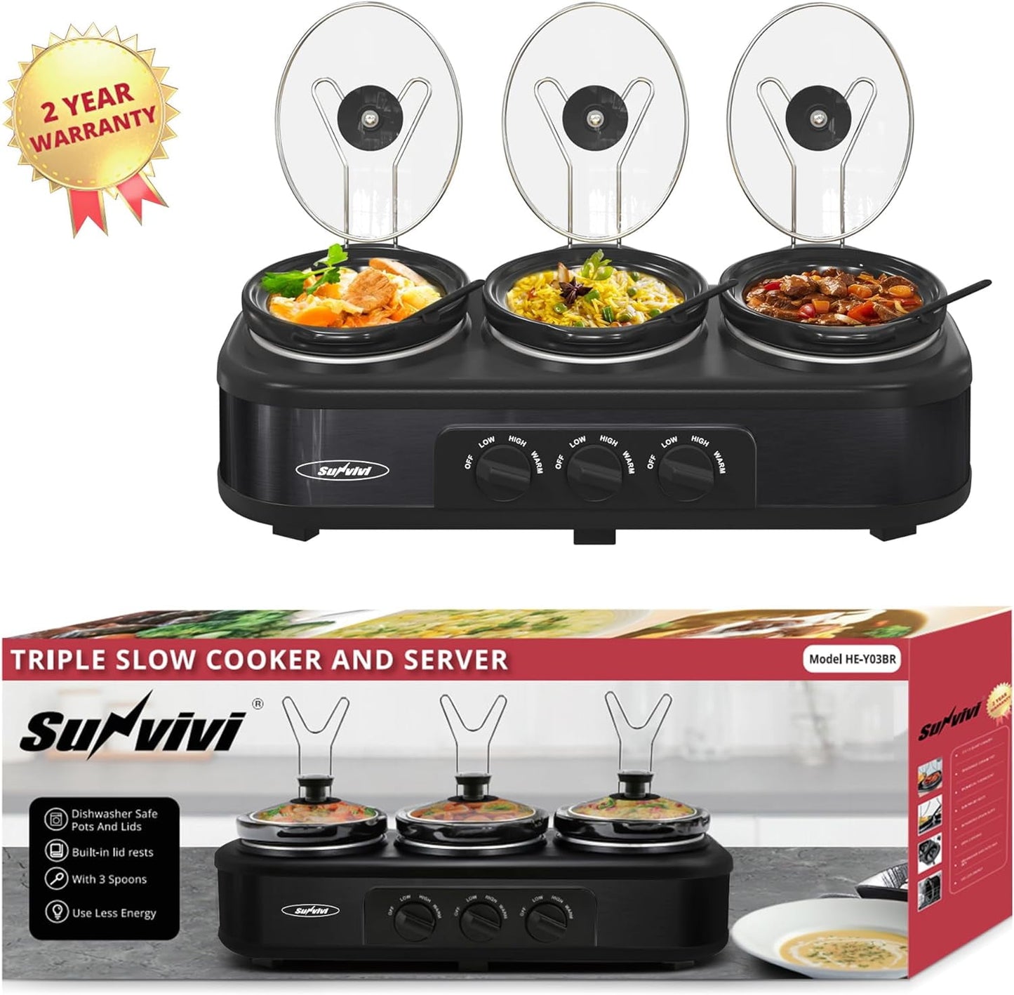 Royalcraft Double Slow Cooker, 2 Pot 1.25 Quart Oval Crock Food Warmer Buffet Server, Stainless Steel