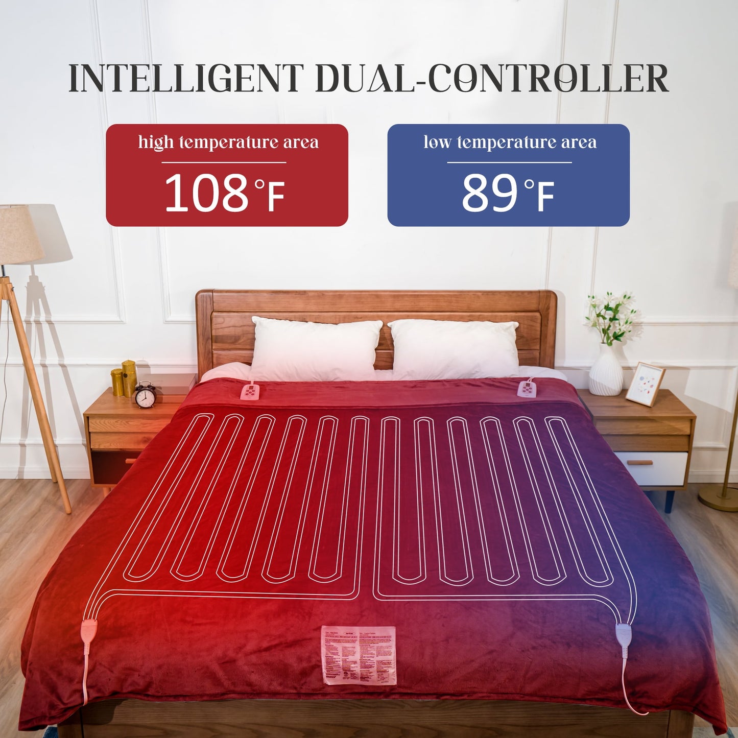 Electric Blanket Queen Size with Dual Controllers,10 Heating Levels& 12 hours Auto-off,Overheat Protection,Red