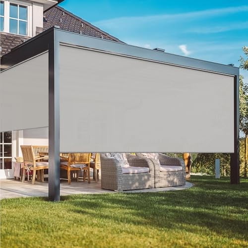 Outdoor Roller Shades for Patio with New Operation Mode (with Pull Rod-No Need Crank), Upgraded Materials Patio Shades Roller Up Outdoor with 95% UV Protection, Outdoor Blinds for Patio Proch