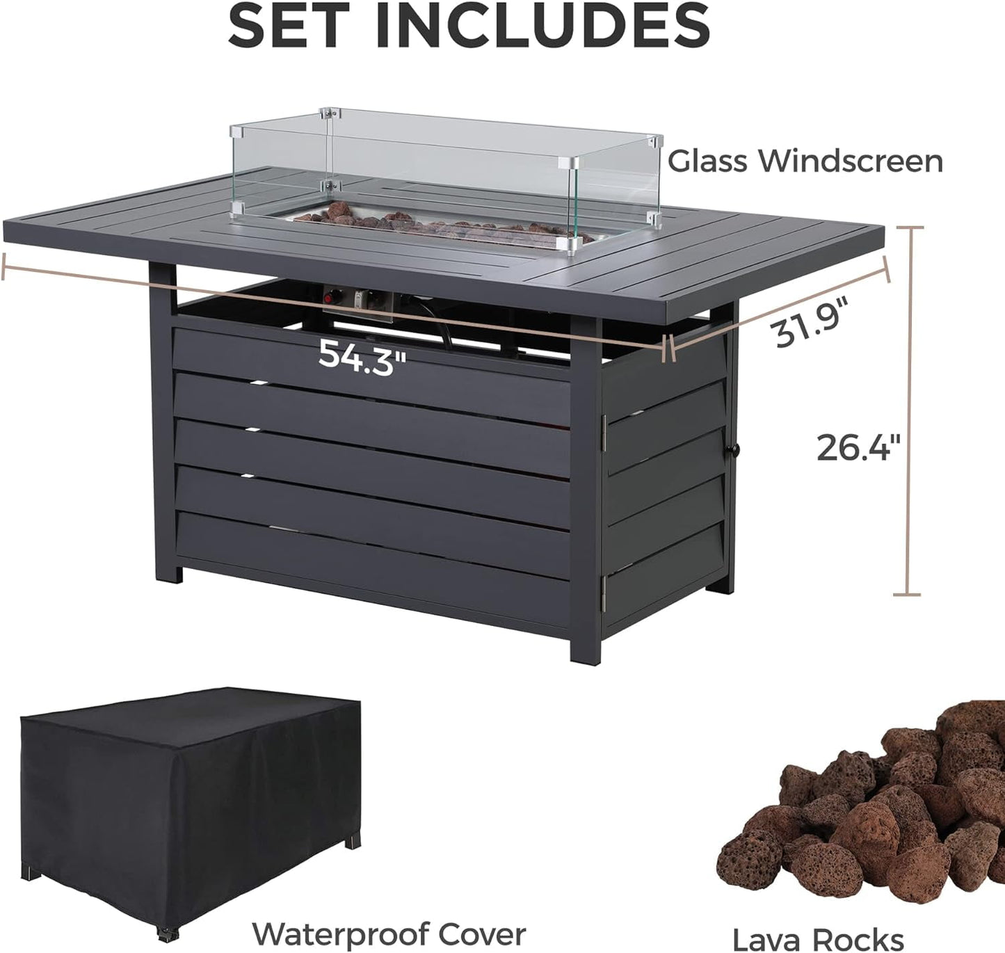 Superjoe 54.3" Patio Aluminum Fire Pit Table, 50000 BTU CSA Certified Propane Gas Outdoor Fire Table, Rectangular Fire Table w/Stainless Burner, Lava Rock, Waterproof Cover, Gray