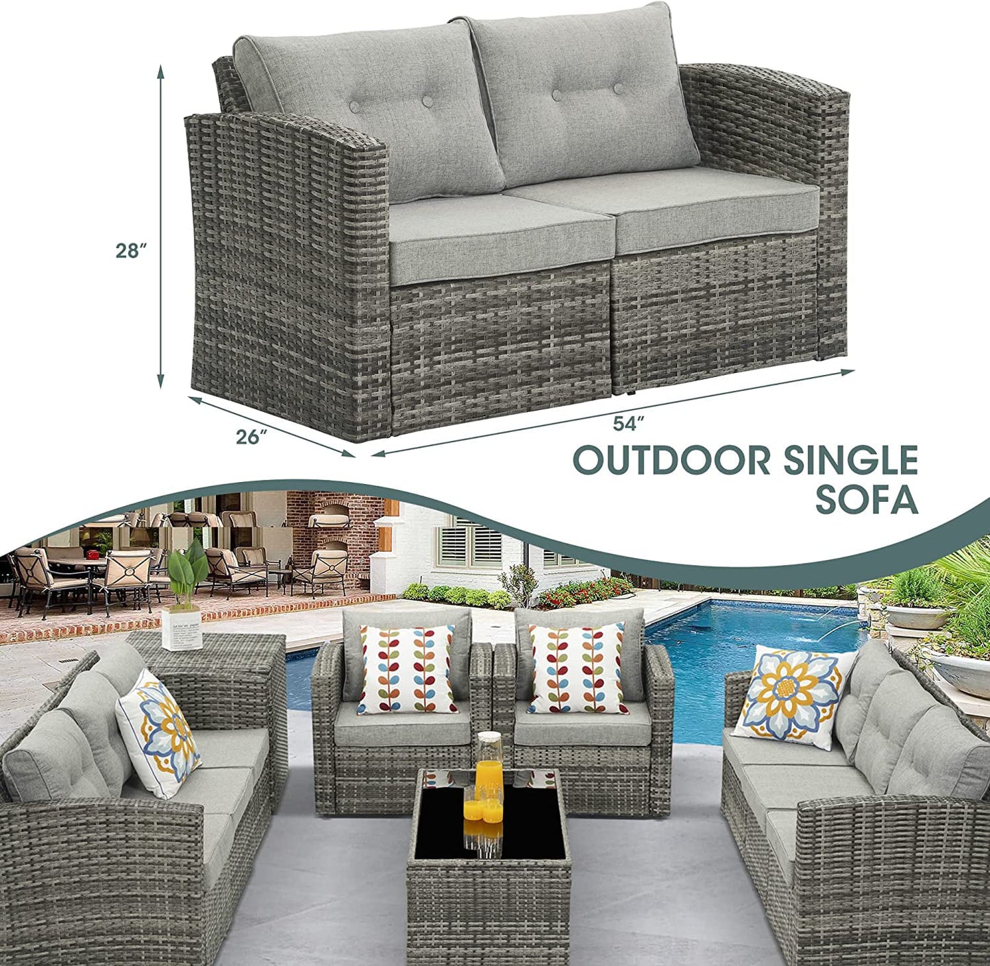 RoyalCraft Modular Collections Patio Sofa Chair with Ottoman, Outdoor Brown Rattan Lounger Sofa Chair Set with Seat and Back Cushions, Aluminum Frame
