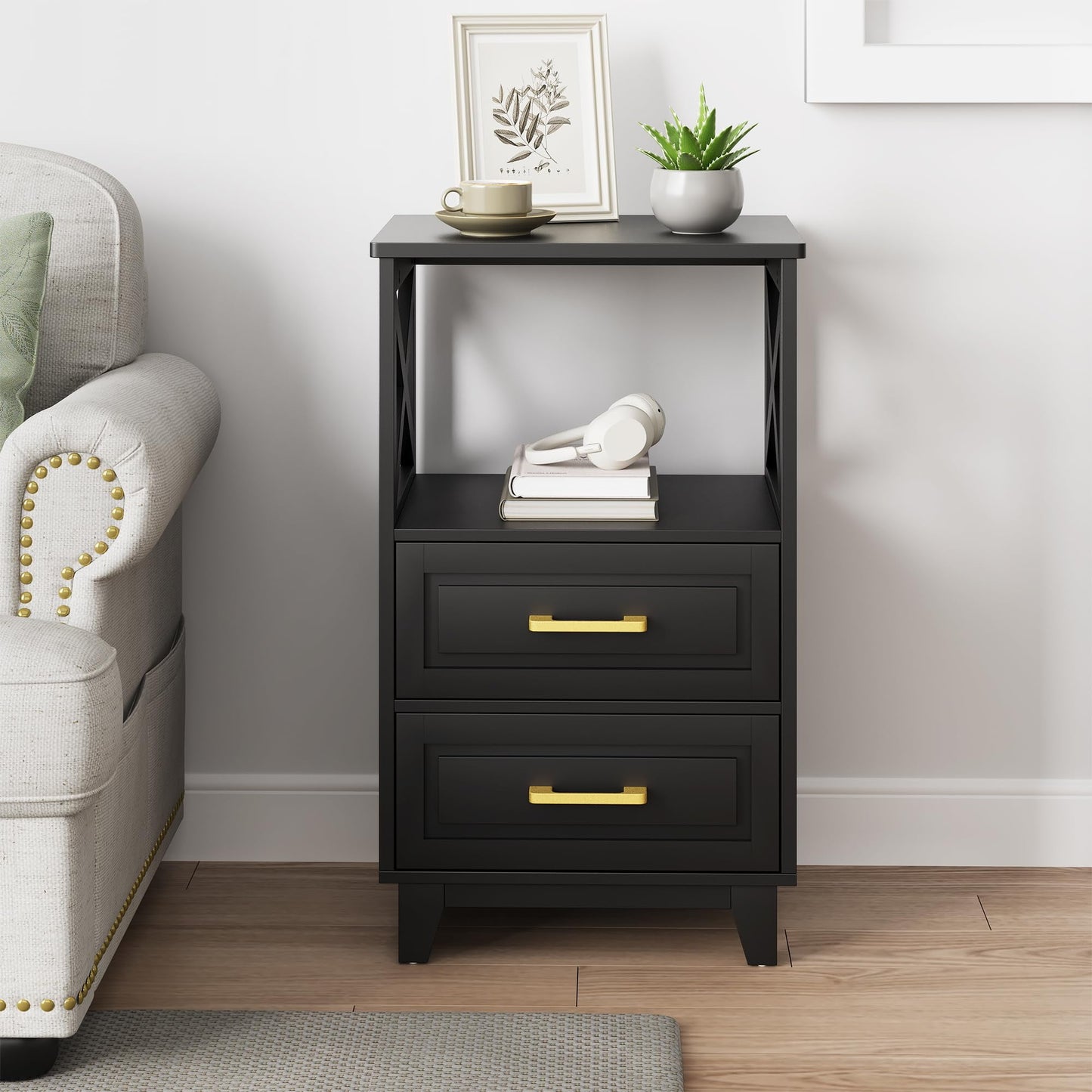 RoyalCraft Tall Nightstand, Side Table with 2 Drawers and Open Shelf on Top, Bedside Table with Solid Feet, Modern Night Stand End Table for Bedroom, Living Room, Home Office, Black