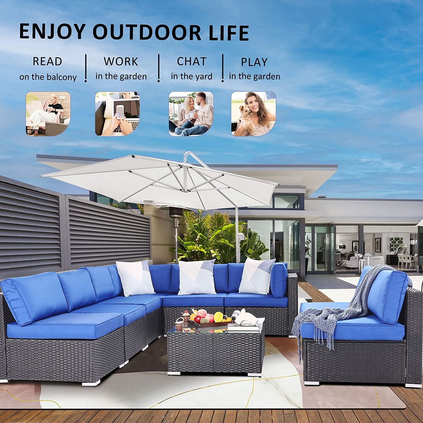 Royalcraft 7 Pieces Outdoor Conversation Set, All-Weather Wicker Rattan Sectional Sofa Set with Cushions & Coffee Table, Blue