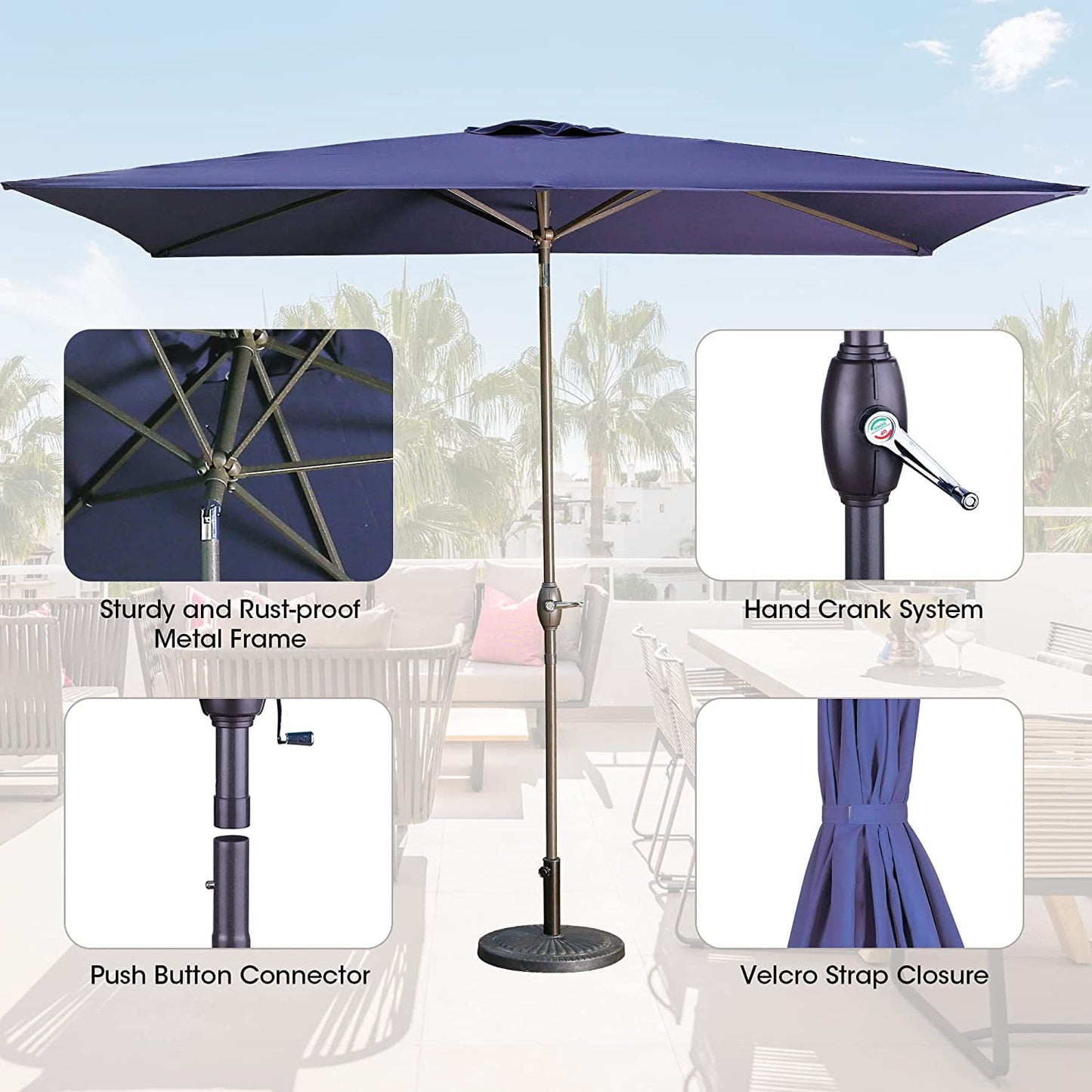 RoyalCraft 6.5 x 10 Ft Rectangular Patio Umbrella Aluminum Pole, Outdoor Table Market Umbrella with Crank, 6 Steel Ribs, Polyester Canopy, Navy Blue