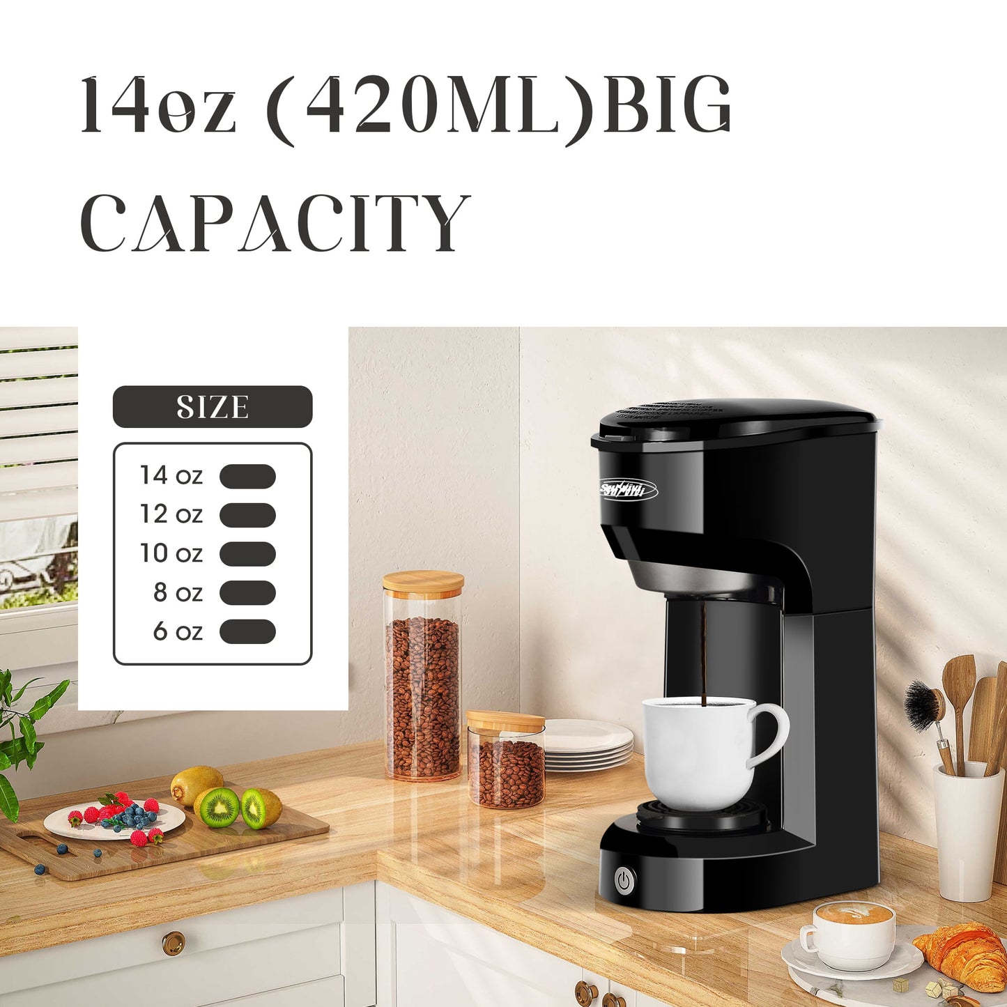 Single Serve Coffee Maker Coffee Brewer 6 to 14 oz With Permanent Filter, Compatible with Single Cup Pod & Ground Coffee, Red