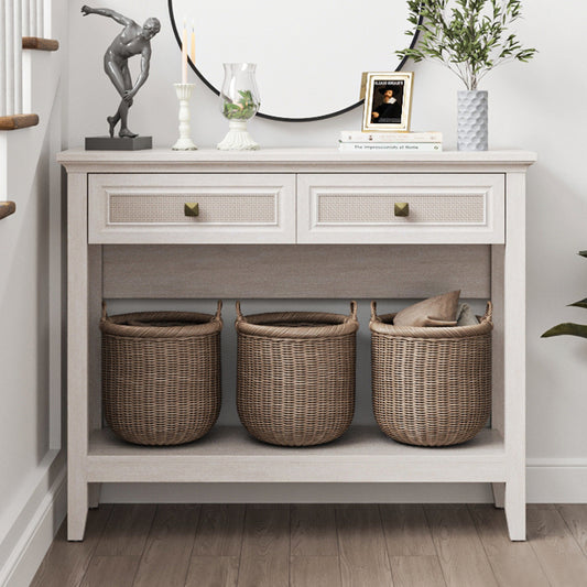 Royalcraft Rattan Console Table, Boho Entryway Table with Widened Tabletop & 2 Spacious Drawers, Farmhouse Sofa Table with Storage Shelf, Foyer Table for Living Room, Hallway, Entryway, Grayish White