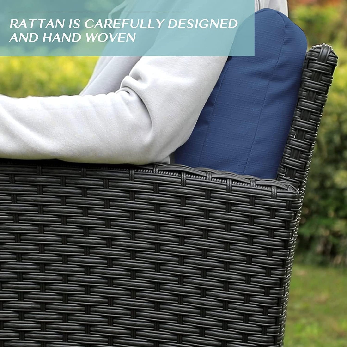 Royalcaft 2 Piece Outdoor Patio Wicker Armchairs, All Weather Outside Rattan Chair Patio Furniture Set with Blue Cushions