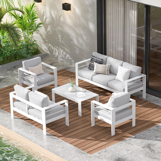 RoyalCraft Aluminum Outdoor Patio Furniture Set, Modern Patio Conversation Sets, Outdoor Sectional Metal Sofa with 5 Inch Cushion and Coffee Table for Balcony, Garden, White