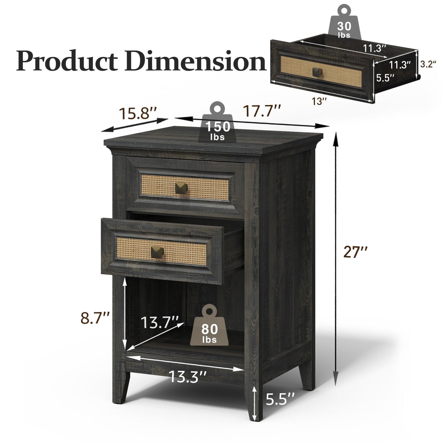 Superjoe Nightstand with 2 Drawers, Accent Bedside Table with Rattan Decor Drawers and Large Storage Shelf, Boho Wood End Table Organizer for Bedroom, Living Room, Grey