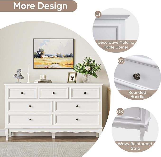 Royalcraft Dresser for Bedroom, Modern 7 Drawer Dresser with Solid Wood Legs and Painted Finish, White Chest of Drawers, Wooden Storage Closet Cabinet Organizer for Nursery, Living Room, Hallway