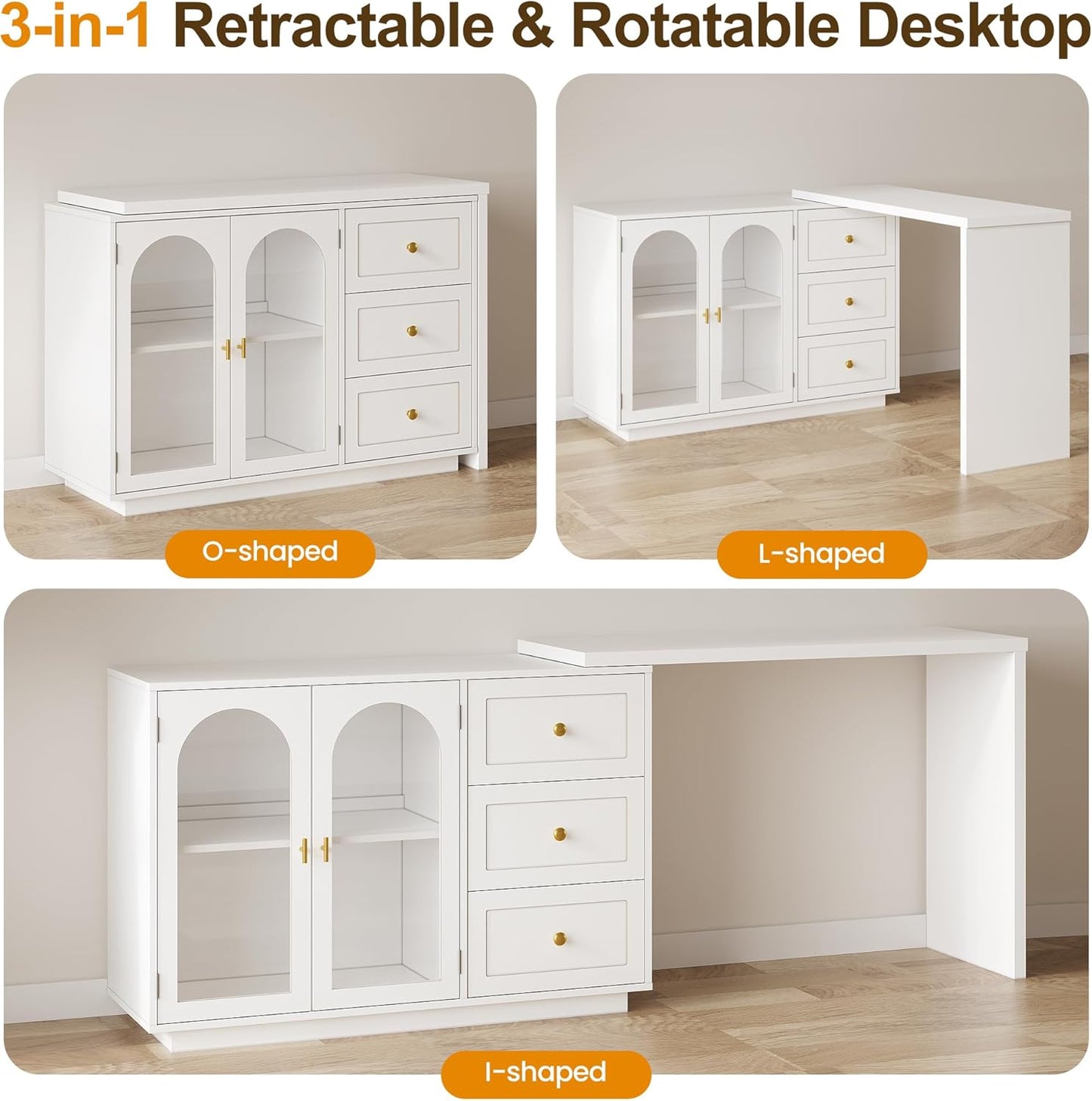 RoyalCraft 83¡± Large Extendable Makeup Vanity Desk, Corner Vanity Table with 3 Drawer & 2 Door, Modern Dressing Table and Chest of Drawers Combo, Accent Vanity for Bedroom, Dressing Room