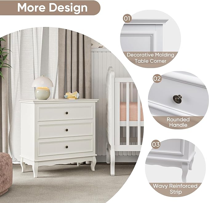 Royalcraft Dresser for Bedroom, Modern 3 Drawer Dresser with Solid Wood Legs and Painted Finish, White Chest of Drawers, Wooden Storage Closet Cabinet Organizer for Living Room, Nursery, Hallway