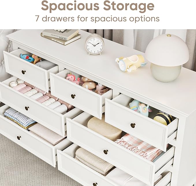 Royalcraft Dresser for Bedroom, Modern 7 Drawer Dresser with Solid Wood Legs and Painted Finish, White Chest of Drawers, Wooden Storage Closet Cabinet Organizer for Nursery, Living Room, Hallway