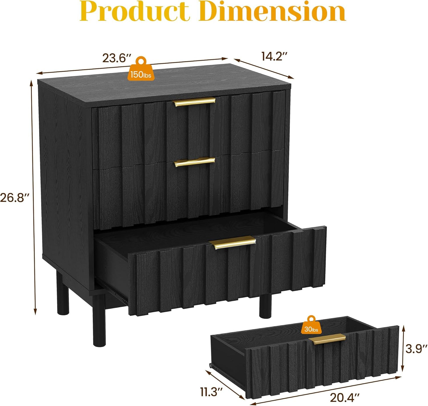 Royalcraft 3 Drawer Dresser, Modern Chest of Drawers with Fluted Panel Design, Wooden Storage Nightstand Side Table with Chic Edge Pull, Perfect for Bedroom, Living Room, Entryway