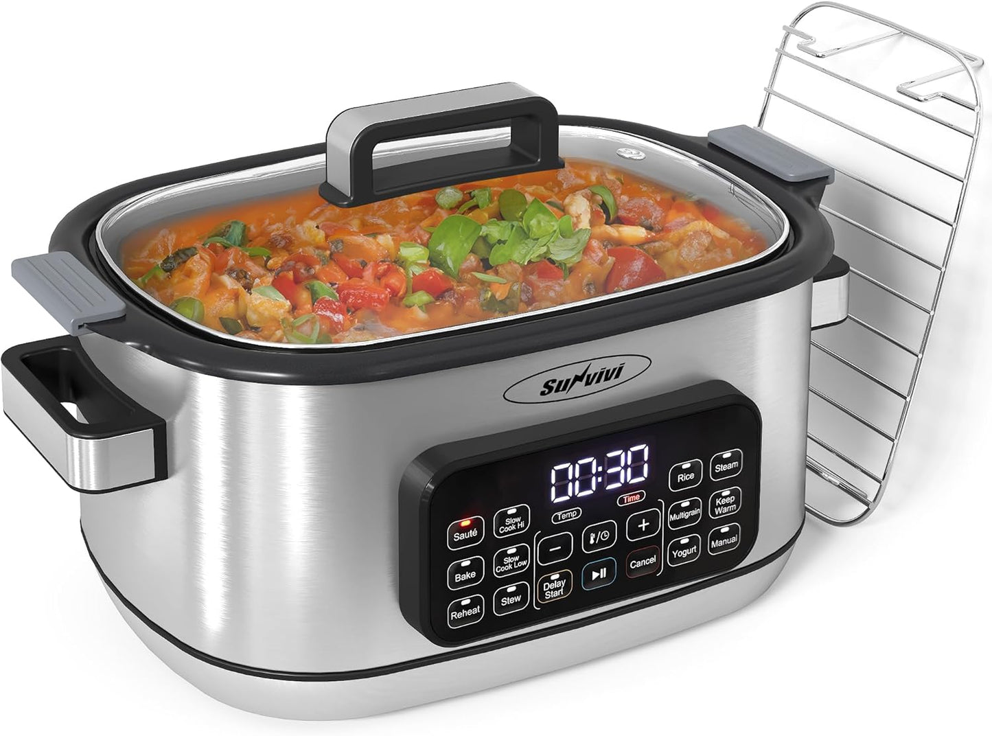 Royalcraft 12-in-1 Multi Slow Cooker Roaster Oven, 6.5QT Sliver Digital Programmable Slow Cooker with Rack, Large Removable Nonstick Crock, Glass Lid, Multicooker with Timer Temp Control, Delay Start