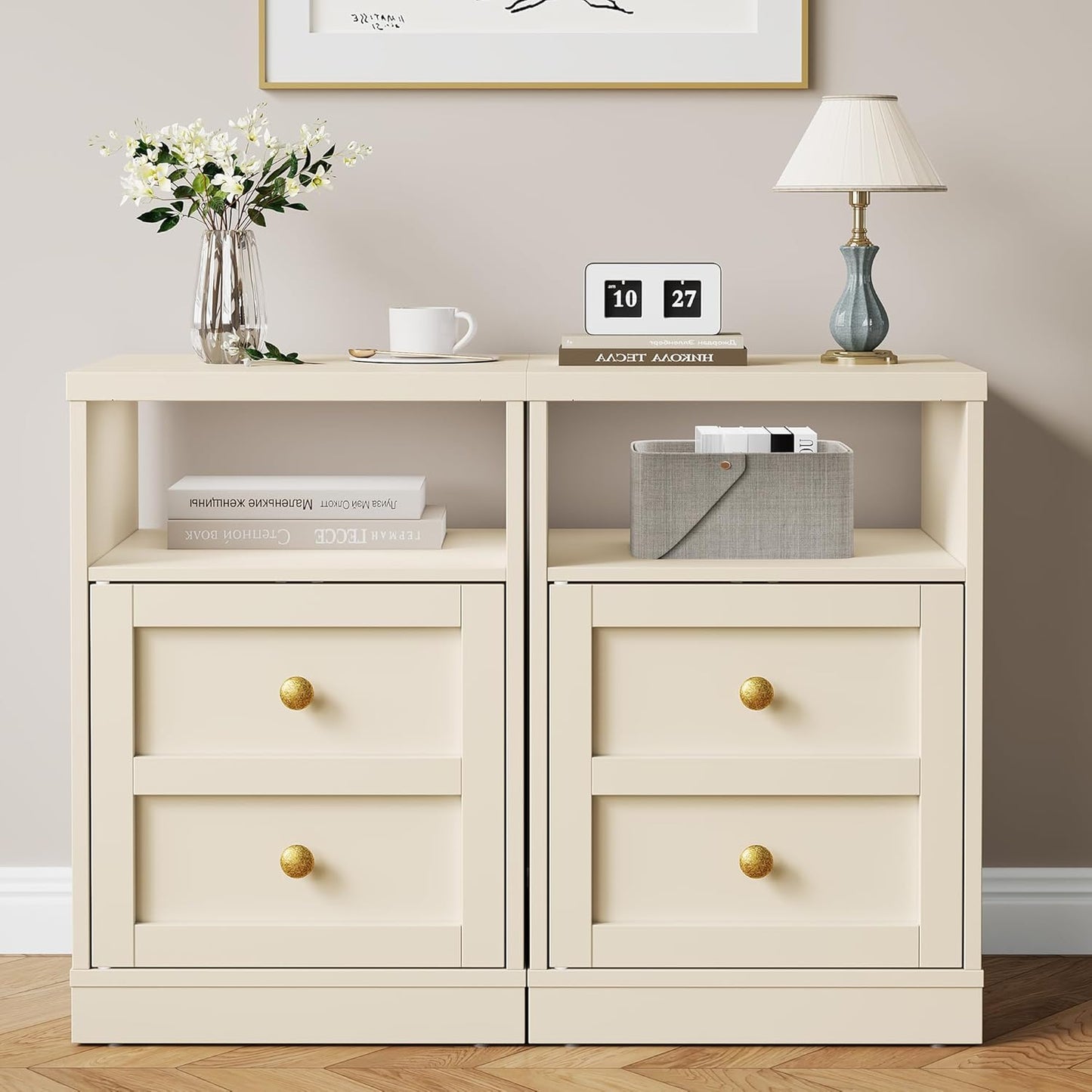 Royalcraft Nightstand Set of 2, End Table with Storage Shelf and Door, Faux two-drawer Design Side Table , Modern Night Stand for Bedroom Dorm, Wood Beside Table for Living Room Small Spaces