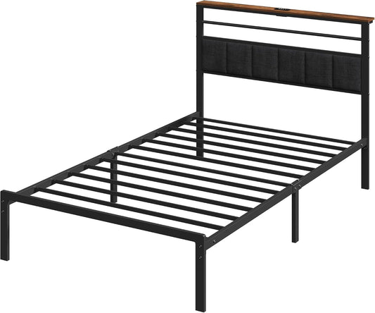 Royalcraft Bed Frame with Charging Station, Platform Bed with Metal Slats, Upholstered Headboard with Storage Shelves, No Box Spring Needed