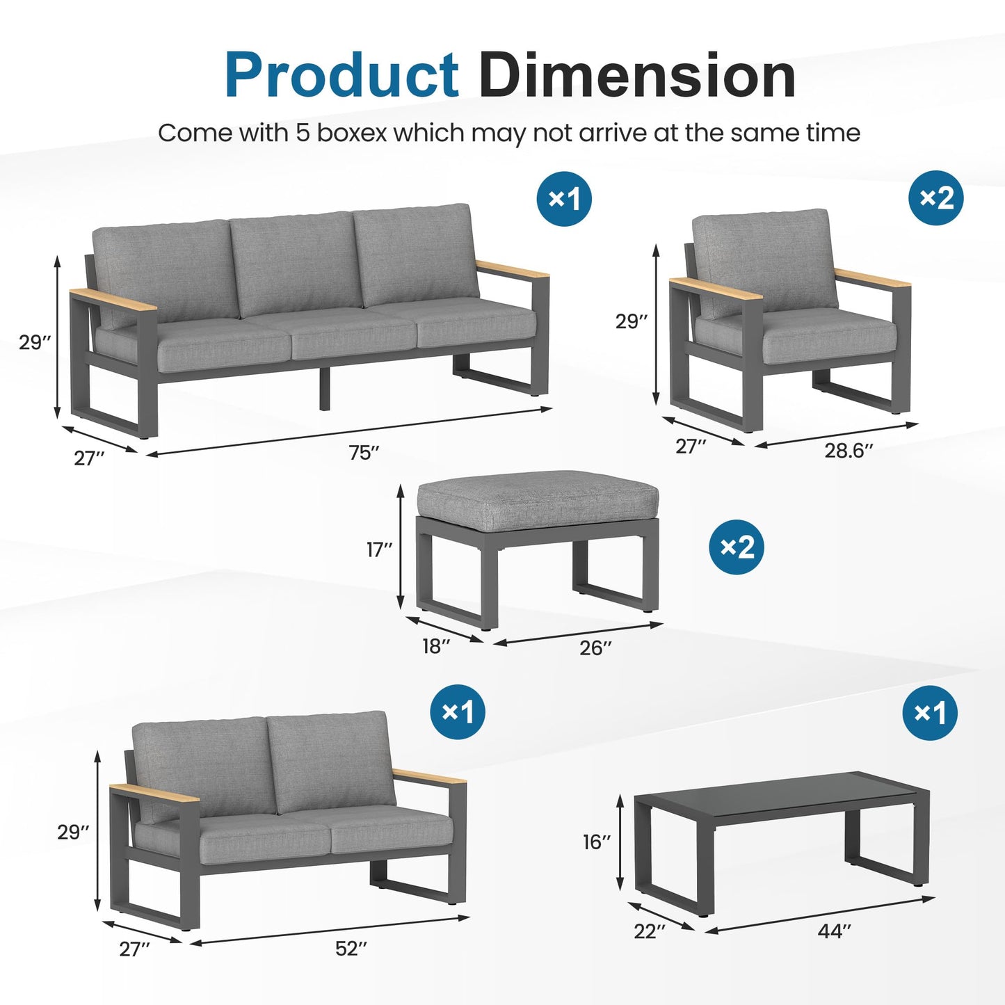 Aluminum Outdoor Patio Furniture Set with Height-adjustable Footrest for Lawn Porches Patio, 6 Piece All-weather Patio Sofa Sets with Coffee Table & Ottomans, Outdoor Patio Conversation set, Grey