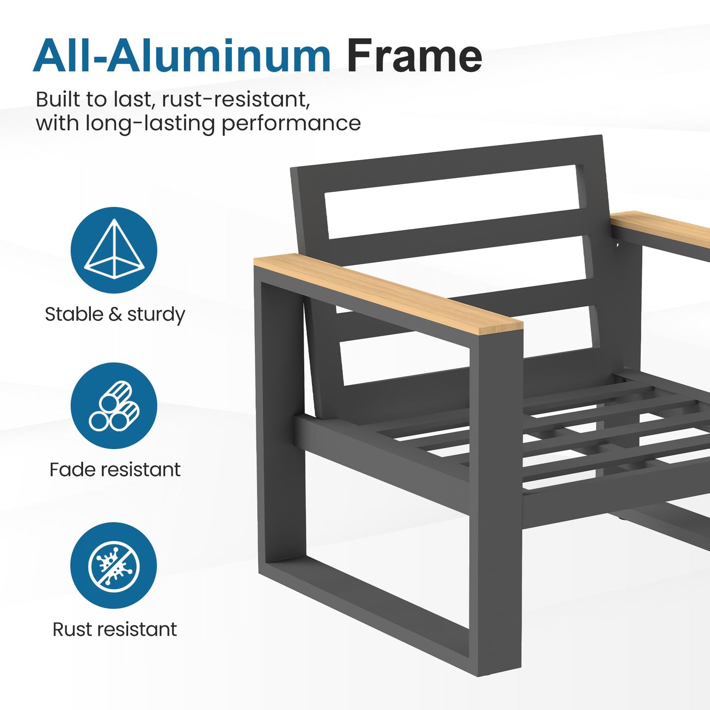 Aluminum Outdoor Patio Furniture Set with Height-adjustable Footrest for Lawn Porches Patio, 6 Piece All-weather Patio Sofa Sets with Coffee Table & Ottomans, Outdoor Patio Conversation set, Grey