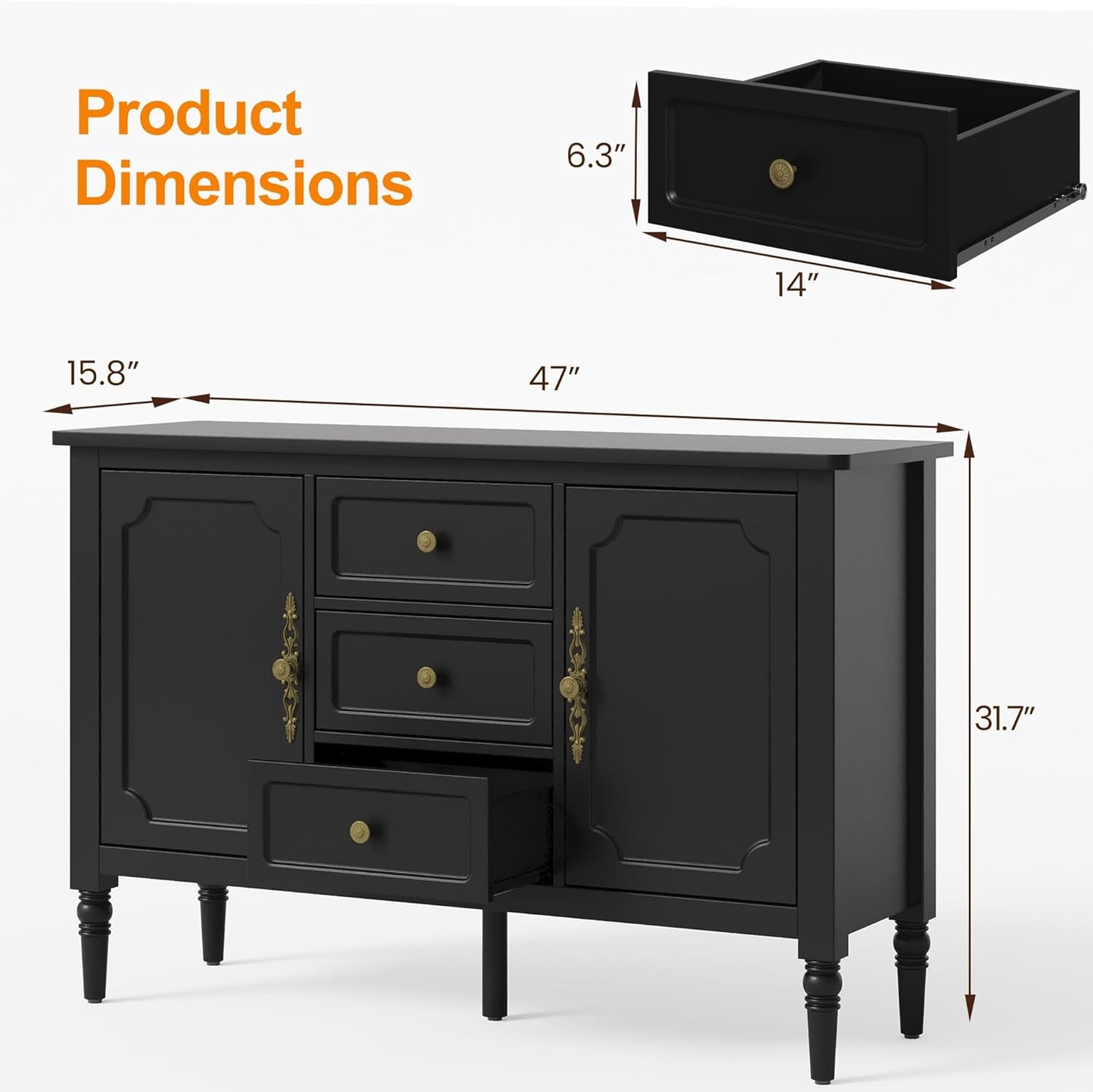 RoyalCraft Storage Cabinet with 2 Doors & 3 Drawers, Mid-Century Sideboard Cabinet with Adjustable Shelves, Wood Buffet Cabinet with Turned Legs, Ideal for Entryway, Living Room, Dining Room