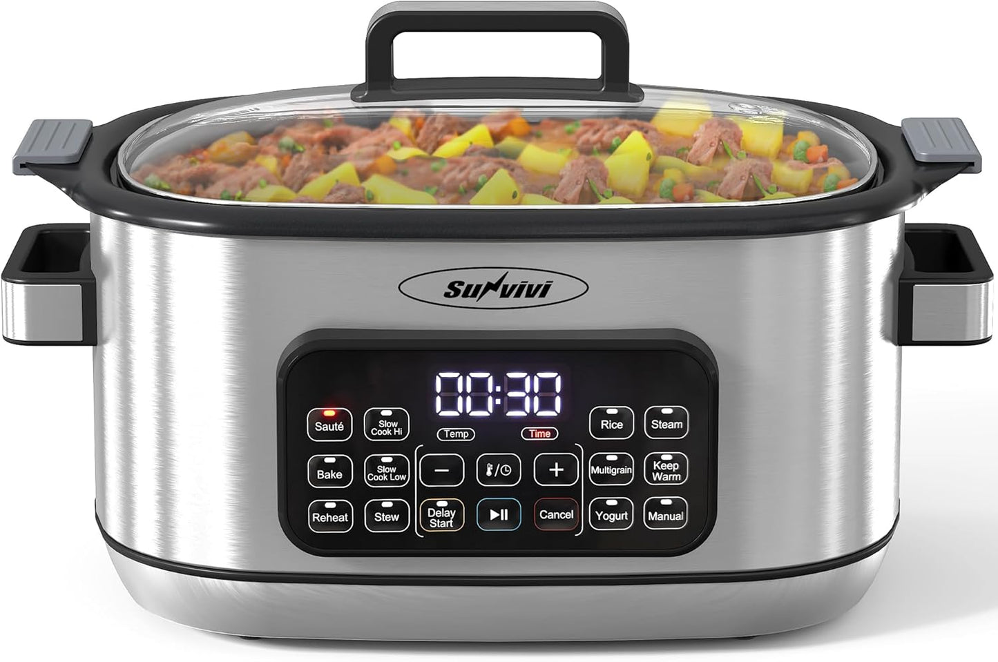 Royalcraft 12-in-1 Multi Slow Cooker Roaster Oven, 6.5QT Sliver Digital Programmable Slow Cooker with Rack, Large Removable Nonstick Crock, Glass Lid, Multicooker with Timer Temp Control, Delay Start