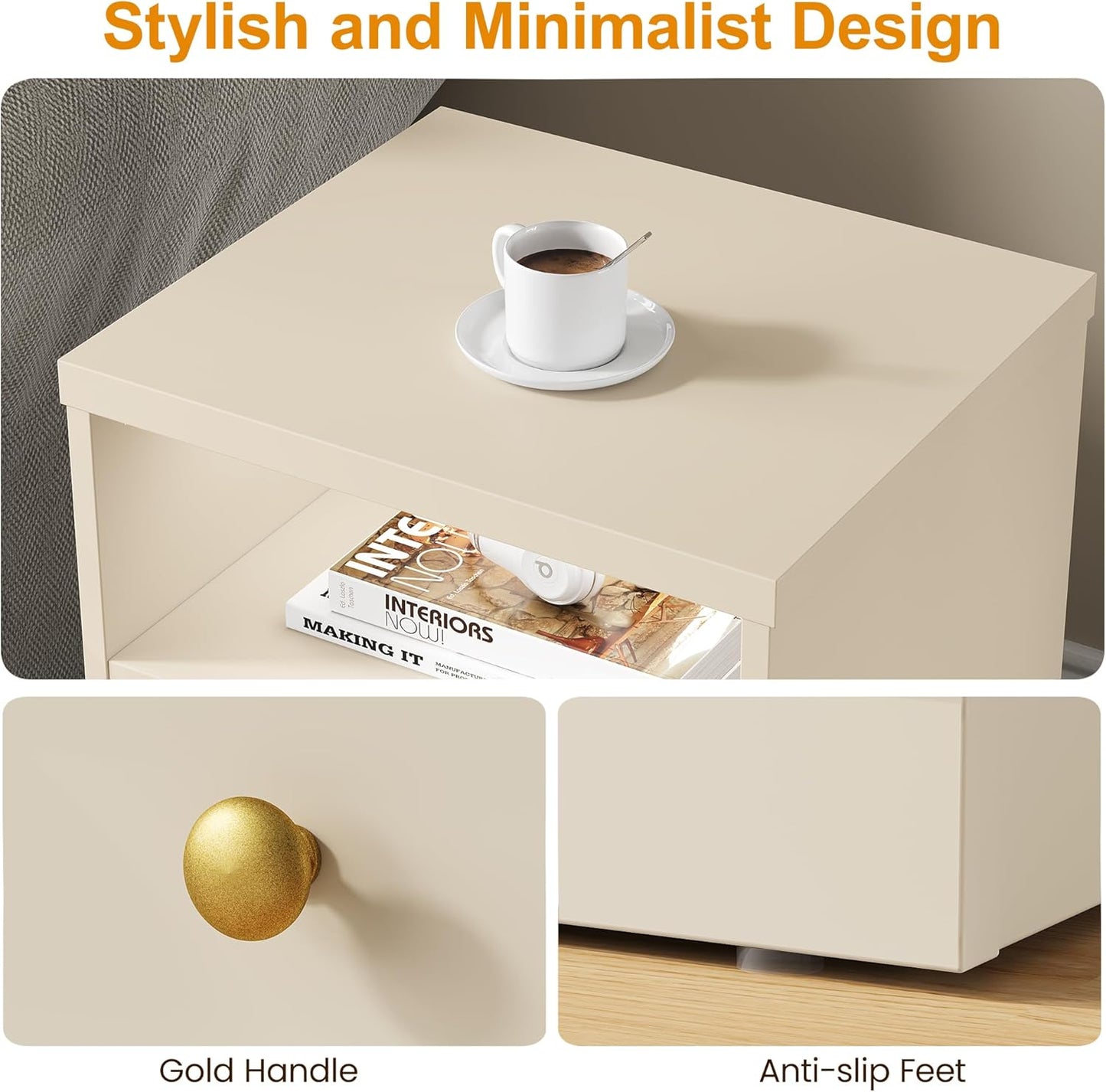 Royalcraft Nightstand Set of 2, End Table with Storage Shelf and Door, Faux two-drawer Design Side Table , Modern Night Stand for Bedroom Dorm, Wood Beside Table for Living Room Small Spaces