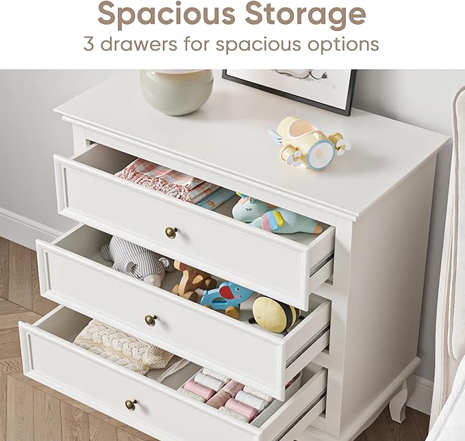 Royalcraft Dresser for Bedroom, Modern 3 Drawer Dresser with Solid Wood Legs and Painted Finish, White Chest of Drawers, Wooden Storage Closet Cabinet Organizer for Living Room, Nursery, Hallway