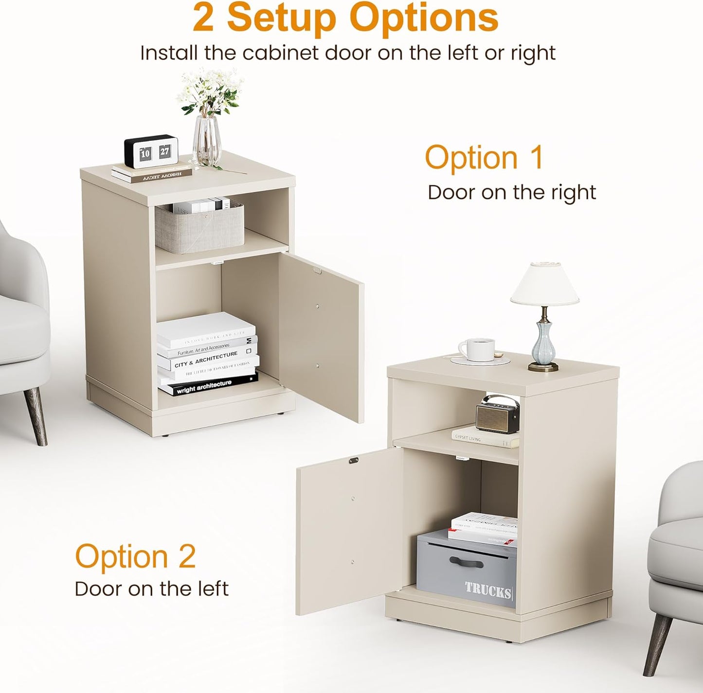 Royalcraft Nightstand with Storage Shelf and Door, Faux two-drawer Design Side Table , Modern Night Stand for Bedroom Dorm, Wood End Table for Living Room Small Spaces