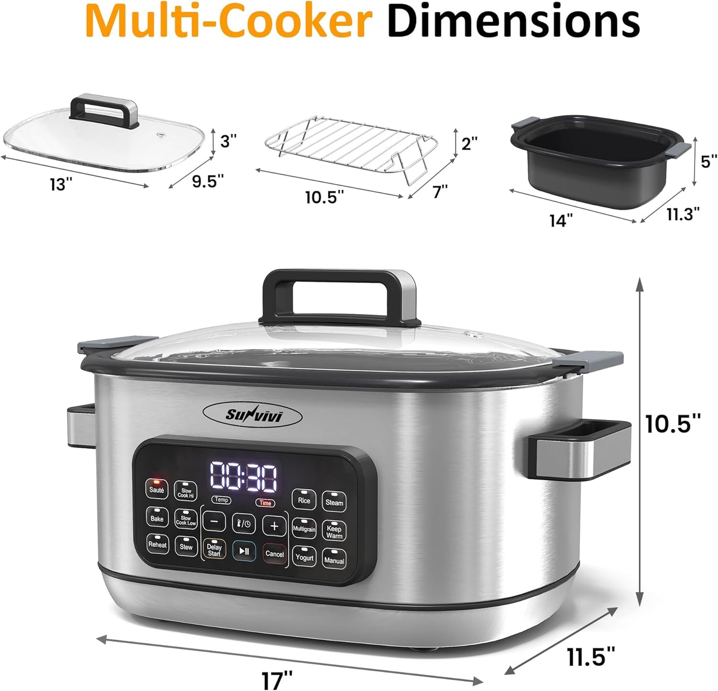 Royalcraft 12-in-1 Multi Slow Cooker Roaster Oven, 6.5QT Sliver Digital Programmable Slow Cooker with Rack, Large Removable Nonstick Crock, Glass Lid, Multicooker with Timer Temp Control, Delay Start