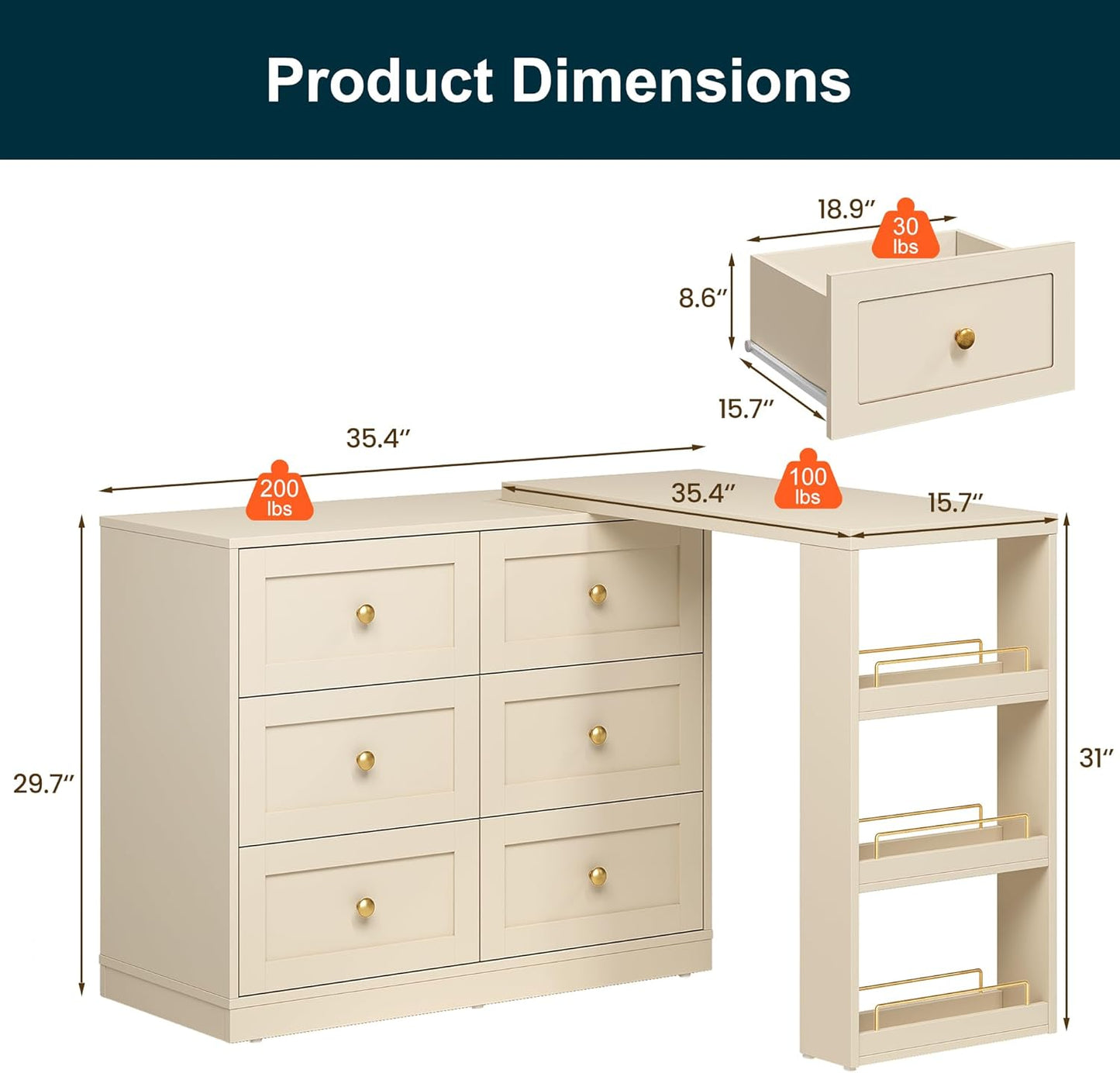 Royalcraft 6-Drawer Extendable Corner Vanity Table and Dresser Combo with 3 Side Shelves, Makeup Vanity Desk, Wood Dressing Table for Bedroom, Dressing Room