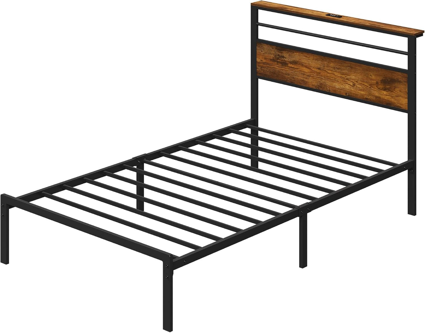 Royalcraft Bed Frame: Industrial Platform Bed w/ Wood Headboard, Storage Shelves, LED lights, and Steel Slats, No Box Spring Needed, Easy Assembly