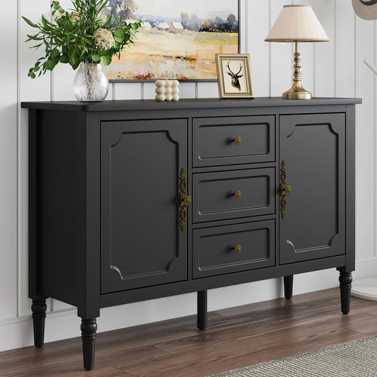 RoyalCraft Storage Cabinet with 2 Doors & 3 Drawers, Mid-Century Sideboard Cabinet with Adjustable Shelves, Wood Buffet Cabinet with Turned Legs, Ideal for Entryway, Living Room, Dining Room