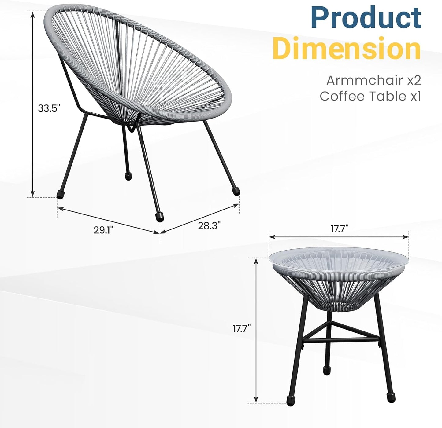 Royalcraft 3-Piece Outdoor Acapulco All-Weather Patio Conversation Bistro Set, Outdoor Woven Rope Chairs and Glass Top Table, 3 Piece Patio Bistro Set for Yard Balcony Poolside, Grey