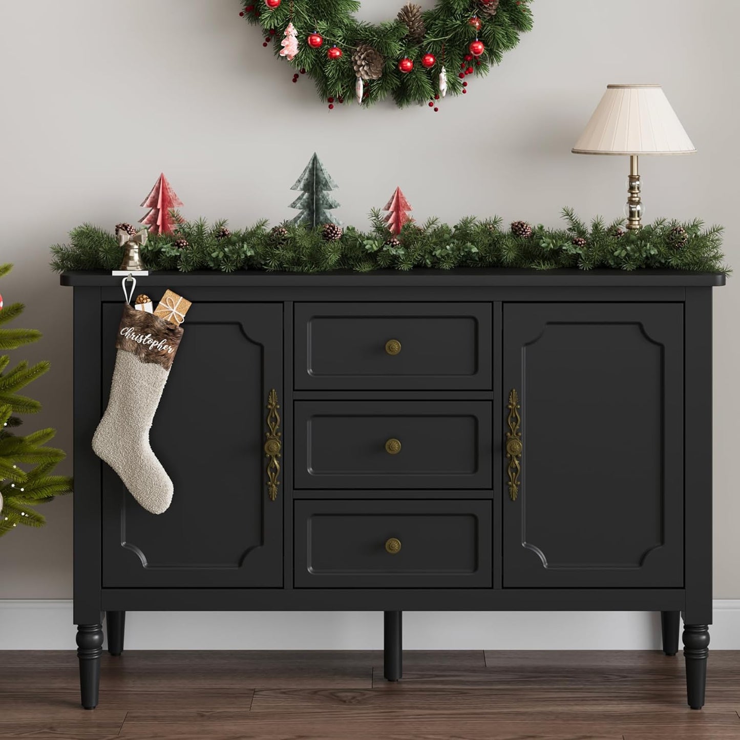 RoyalCraft Storage Cabinet with 2 Doors & 3 Drawers, Mid-Century Sideboard Cabinet with Adjustable Shelves, Wood Buffet Cabinet with Turned Legs, Ideal for Entryway, Living Room, Dining Room