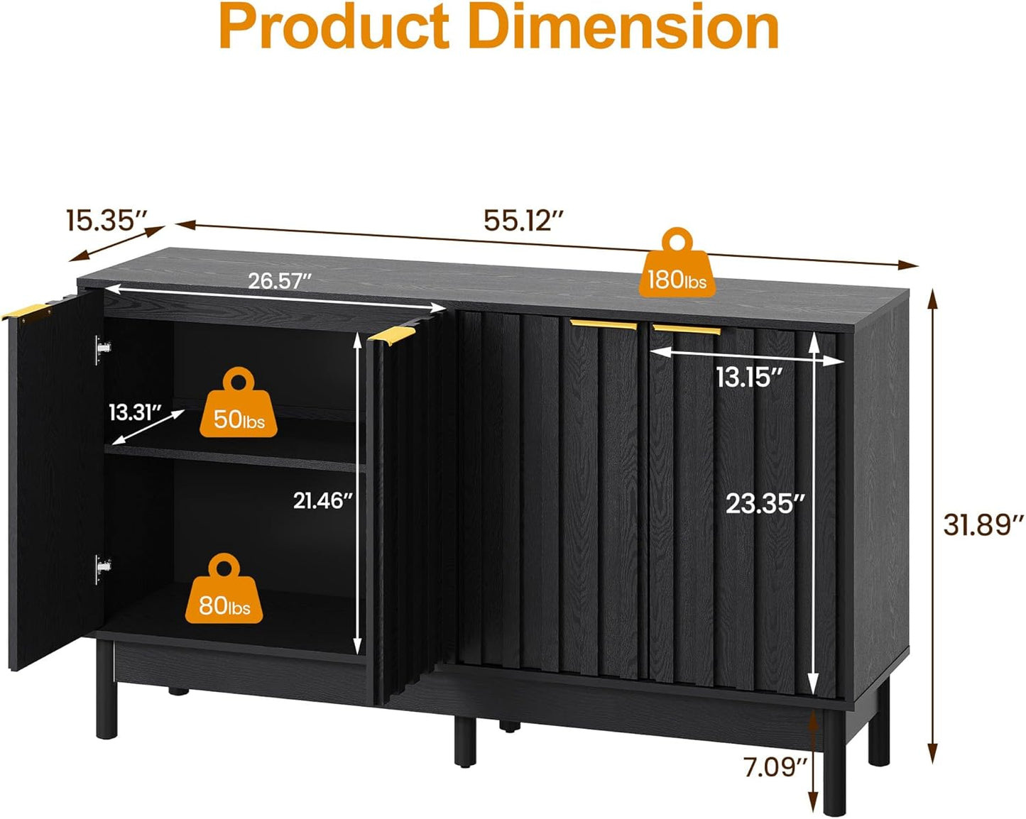 Royalcraft 50'' Buffet Cabinet with Storage, Fluted Sideboard with Doors and Adjustable Shelves, Wood Credenzas Console Table, Coffee Bar Cabinet for Kitchen, Dining Room, Living Room