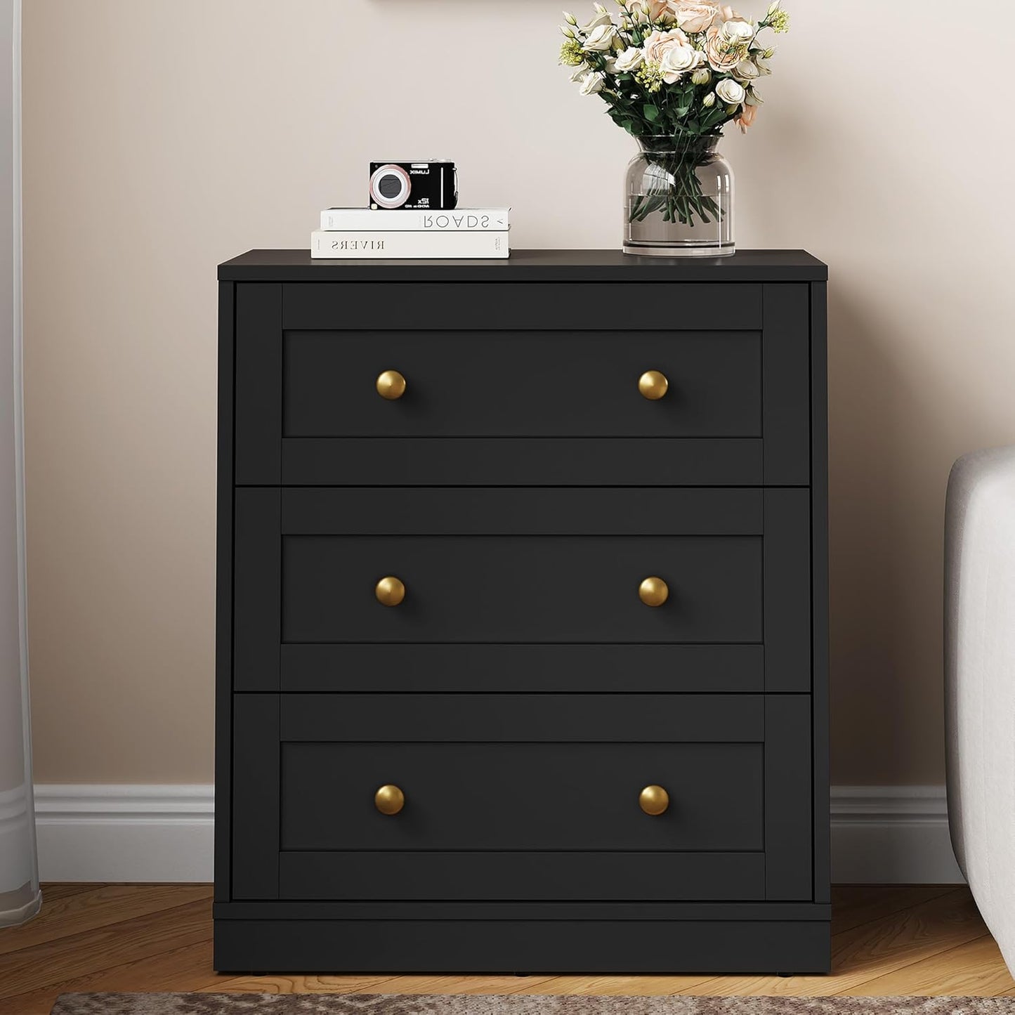 Royalcraft Nightstands, Modern 3-Drawer Bedside Tables with Gold Round Knobs, Wooden End Tables, Accent Chests of Drawers for Bedroom, Living Room, Hallway, or Closet