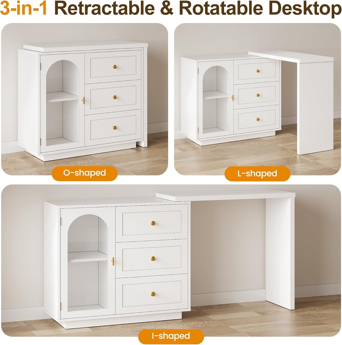 RoyalCraft 59¡± Large Extendable Makeup Vanity Desk, Corner Vanity Table with 3 Drawer & 1 Door, Modern Dressing Table and Chest of Drawers Combo, Accent Vanity for Bedroom, Dressing Room