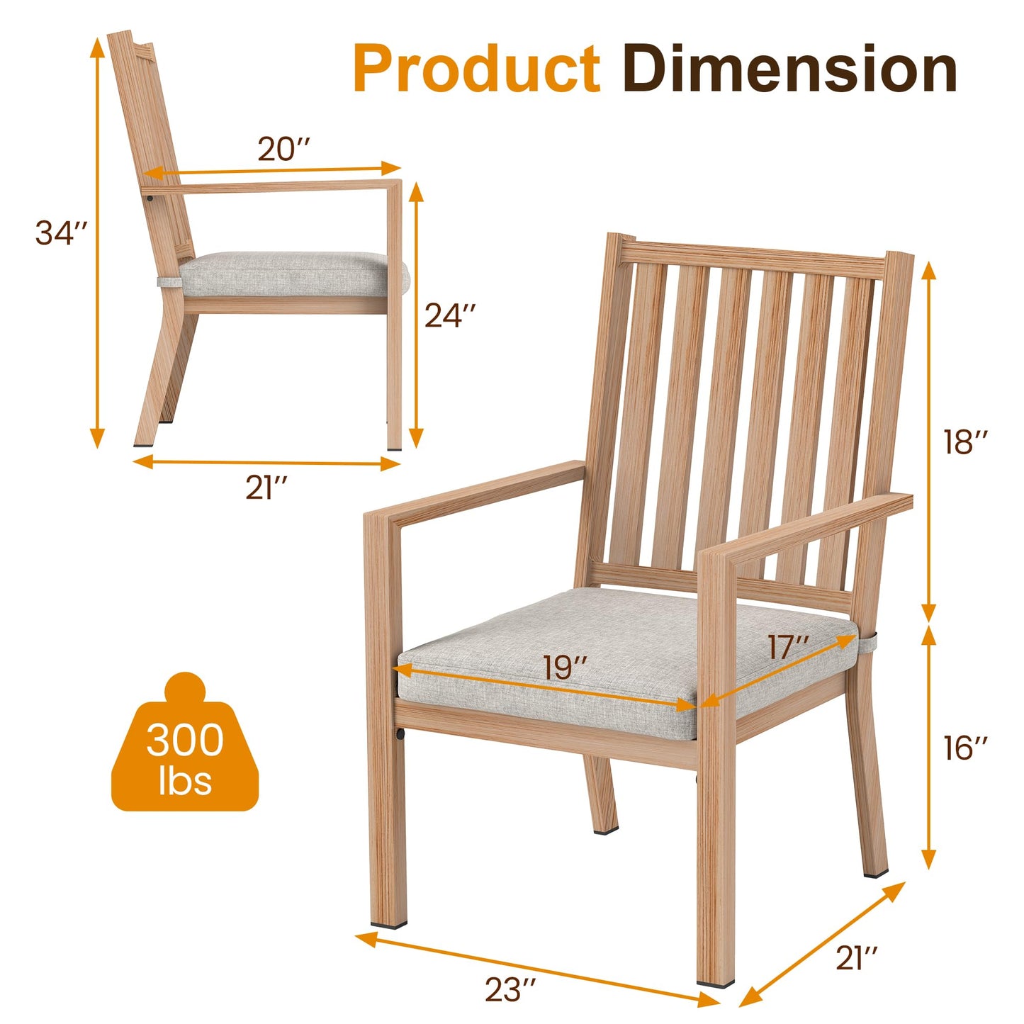 May in Color Patio Dining Chair Set of 4, Aluminum Outdoor Dining Chairs with Waterproof Cushions, Metal Outdoor Patio Furniture Seating for Porch, Balcony, Deck, Backyard, Light Wood Color