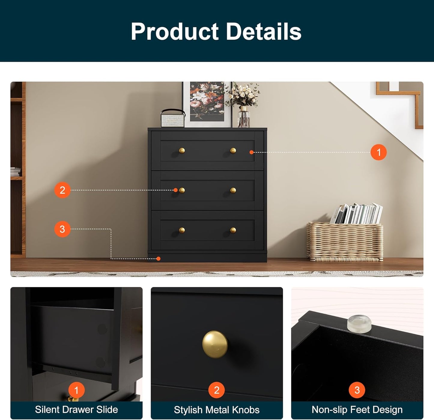 Royalcraft Nightstands, Modern 3-Drawer Bedside Tables with Gold Round Knobs, Wooden End Tables, Accent Chests of Drawers for Bedroom, Living Room, Hallway, or Closet